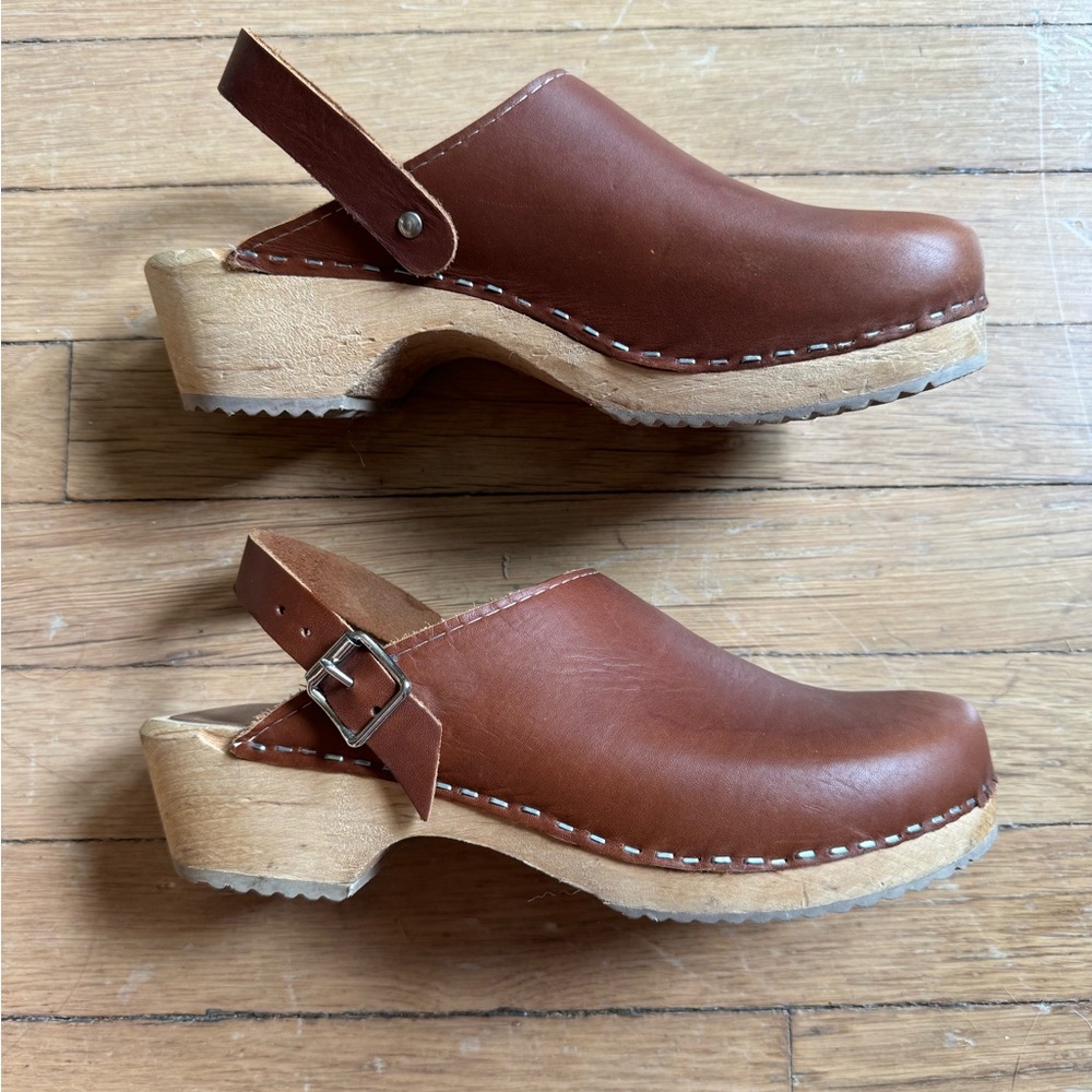 MIA Shoes Swedish Brown Leather Wood Clogs Size EU 39